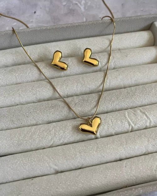 Golden Heart Necklace Earrings Set