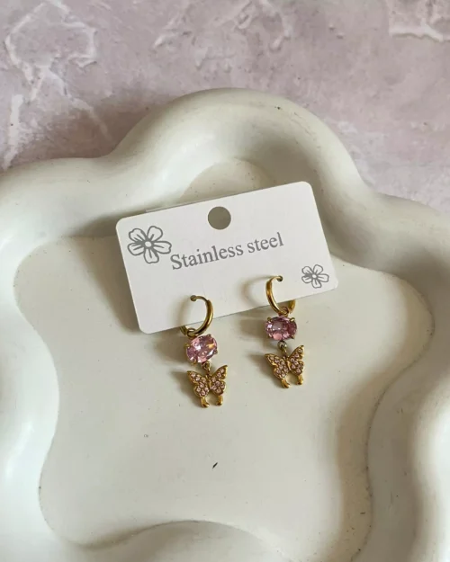 Crystal Butterfly Earrings - Pink 1